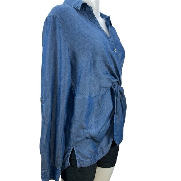 NEW YORK & COMPANY soho Blue Denim Button Knot Front Roll Tab Sleeve Shirt Sz M - Picture 12 of 12
